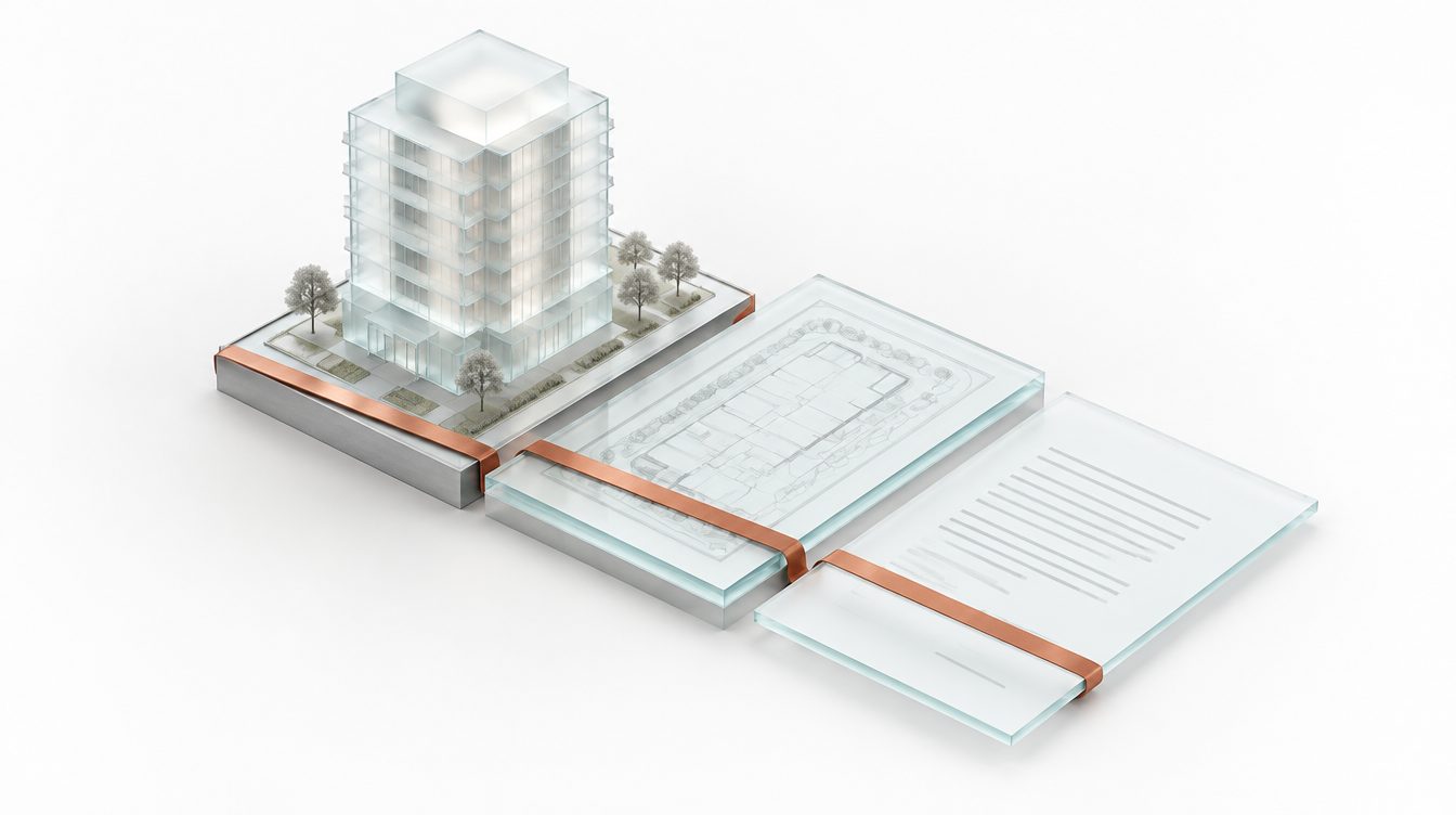 Ein Gebäudemodell, eine Planplatte und ein Vertragsblatt aus Glas, von einem Kupferband zusammengehalten