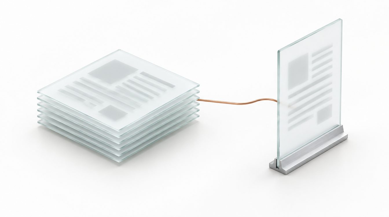 Ein Stapel gläserner Planblätter geht über eine Kupferlinie in einen einzigen Glasbildschirm über